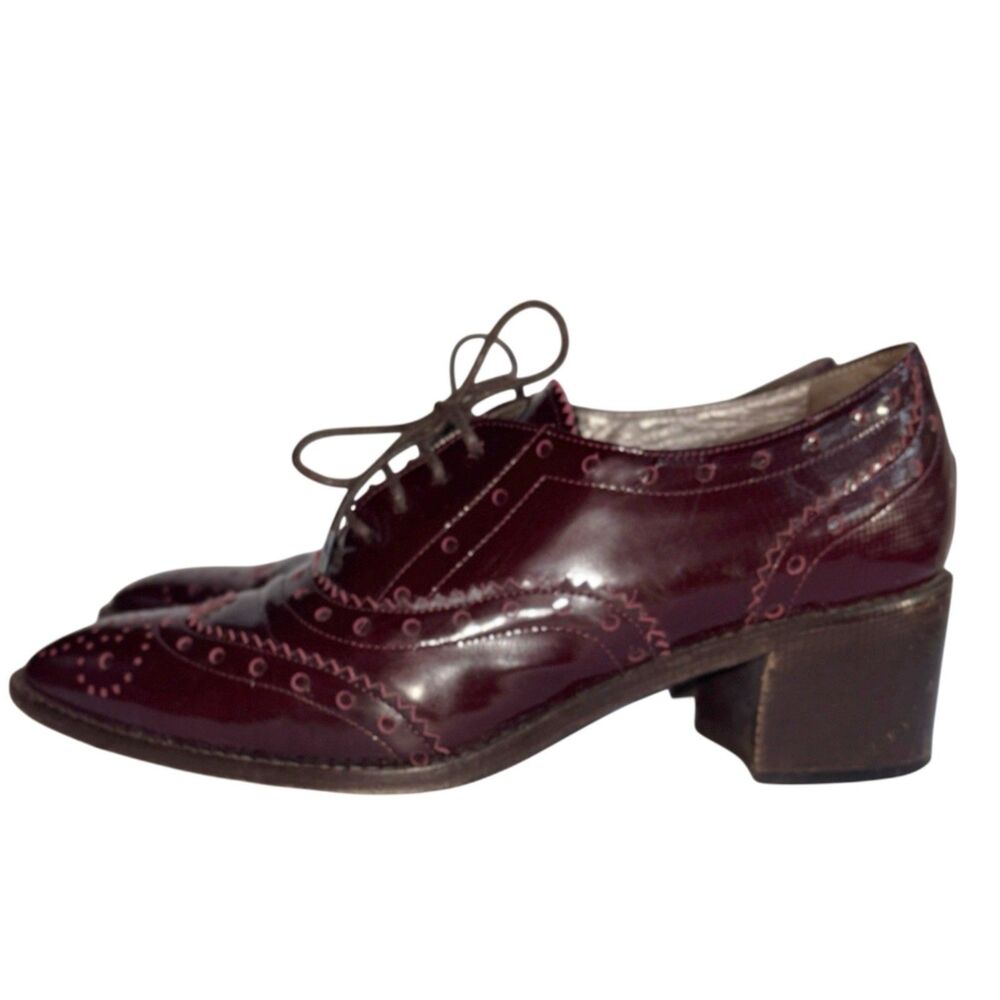 Authentic ETRO Women's Heels Size 39 Wingtip Plum Patent Leather Lace Up Oxford